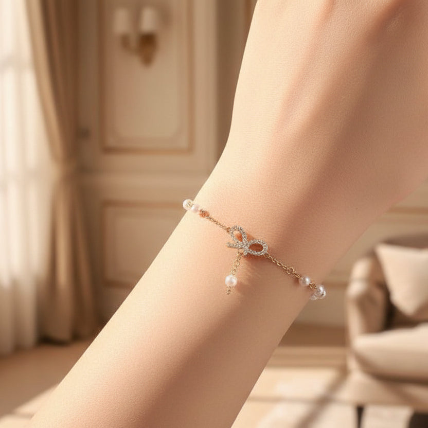 Pearl bow bracelet dainty ribbon design elegant gift
