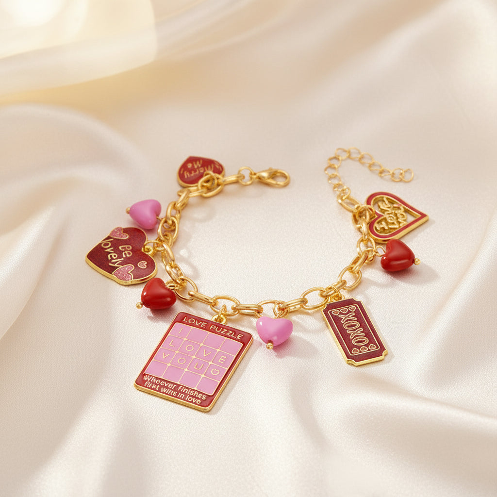 Dainty charm bracelet with heart and star pendants feminine style