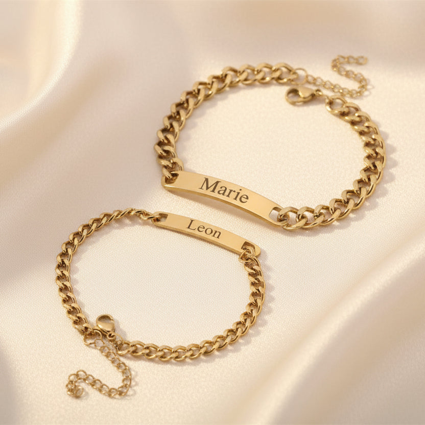 Personalized couple ID bar bracelets matching set for boyfriend and girlfriend