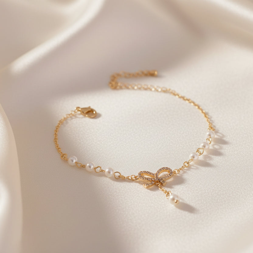 Pearl bow bracelet dainty ribbon design elegant gift
