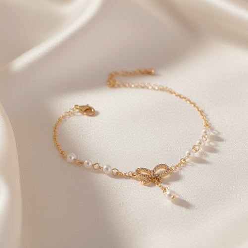 Pearl bow bracelet dainty ribbon design elegant gift