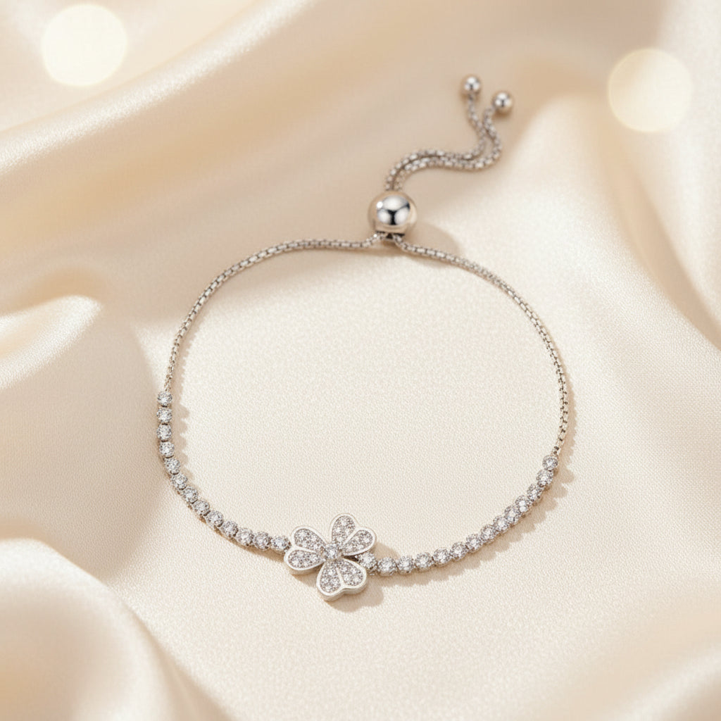 Adjustable sliding bracelet with flower petal charm minimalist style