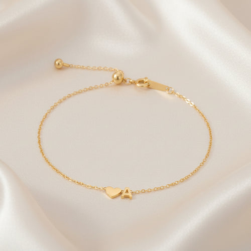 Heart charm bracelet with initial letter pendant personalized gift