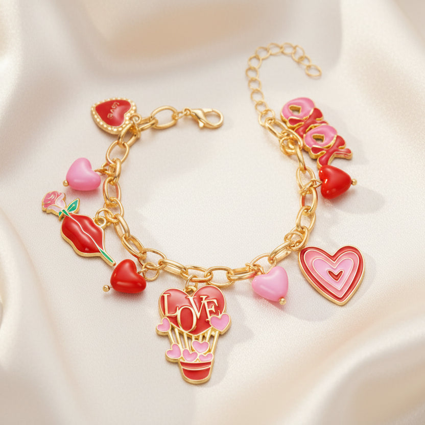 Dainty charm bracelet with heart and star pendants feminine style